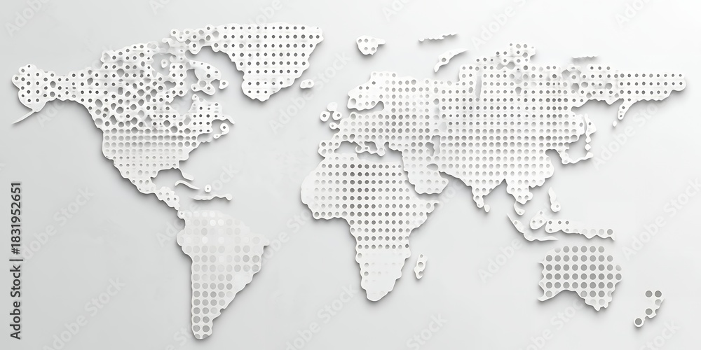 Fototapeta premium Stylized white world map with continents a gray dotted pattern and paper cut effect Presented on a light gray background