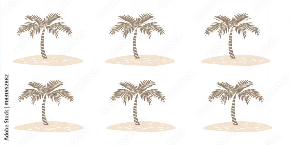 Naklejka premium Six individual stylized palm trees depicted on separate small sandy islands Clear white background