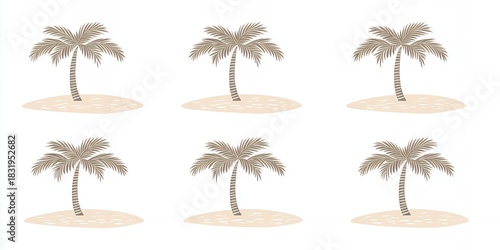 Six individual stylized palm trees depicted on separate small sandy islands Clear white background