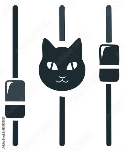 Vector illustration of a cat face combined with audio mixer sliders and faders