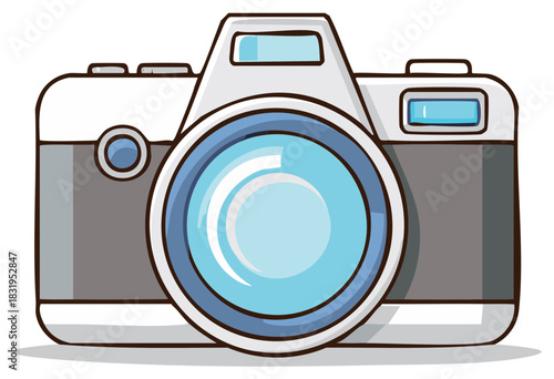 Cartoon camera with a large blue lens and grey body captured from the front