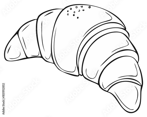 Detailed black and white illustration of a croissant, showing shape, lines and definition.