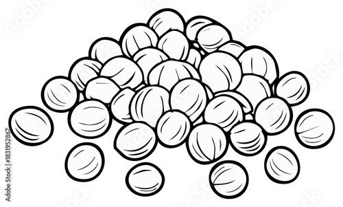 Black and white illustration of a pile of round objects