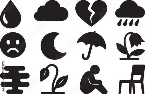 Sadness Icons Set – Emotional Silhouette Symbols Collection.