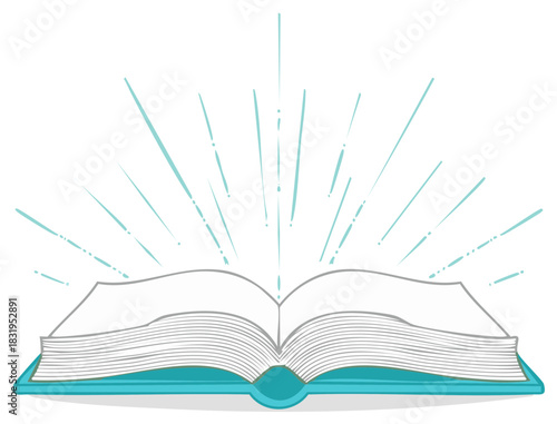 Enlightening open book illustration with sparkling light rays representing knowledge discovery learning
