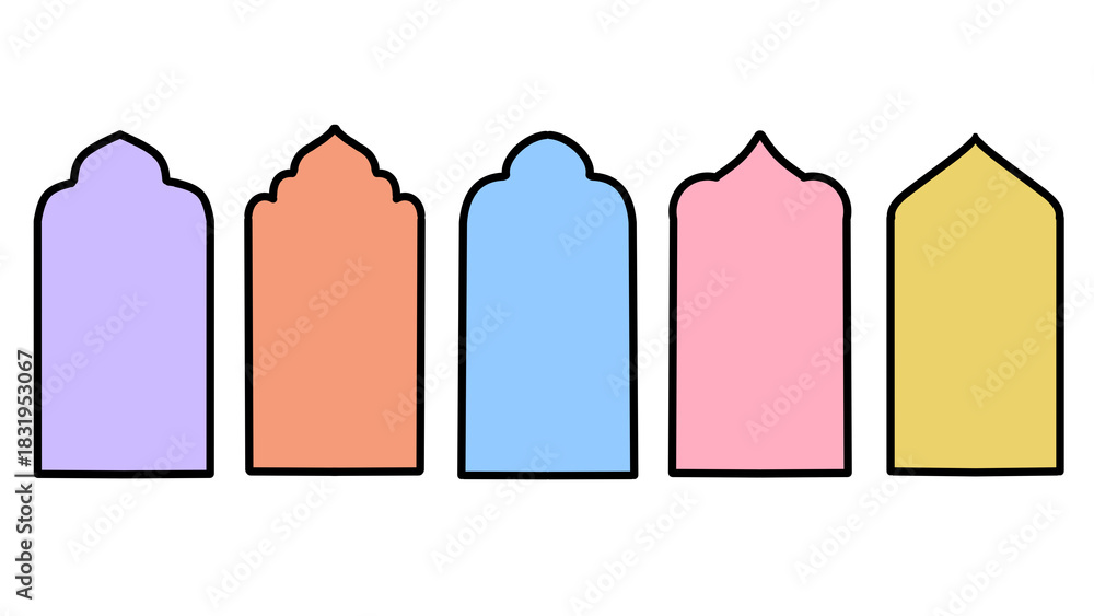 Fototapeta premium Colorful Arched Gate Icons on White Background - Islamic Window & Door Style Vector Design Set (Transparent)