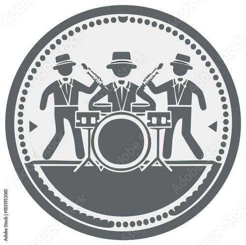 Iconic jazz band ensemble featuring clarinet players and a drummer in silhouette performing on a decorative coin shape