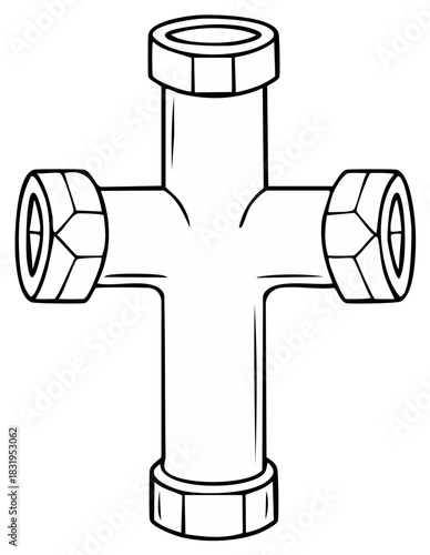 Plumbing connection fitting with multiple threaded outlets and caps, diagrammatic line art