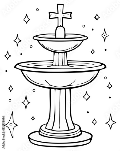 Two Tier Fountain with Cross Topper Outlined Drawing with Stars and Dots Illustration