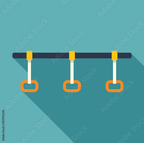 Three orange handles hanging from a horizontal bar, representing public transportation handholds
