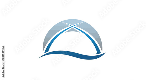 Modern graphic of interconnected arches in blue shades signifying progress and connectivity