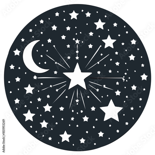 Celestial pattern of stars and crescent moon, astral background with glowing starbursts, dreamy night sky illustration