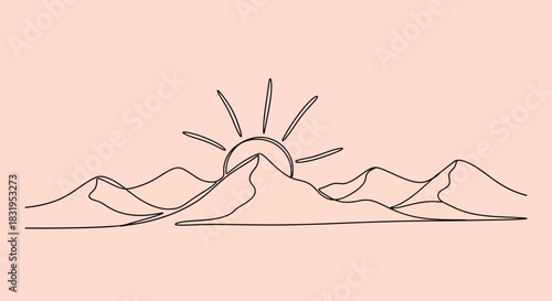 Minimalist desert landscape with rising sun, line art drawing in pastel colors, for background