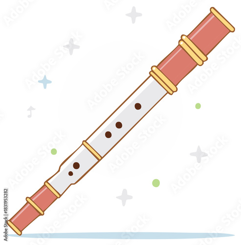 Cute cartoon recorder flute, a simple woodwind musical instrument vector illustration with sparkles.