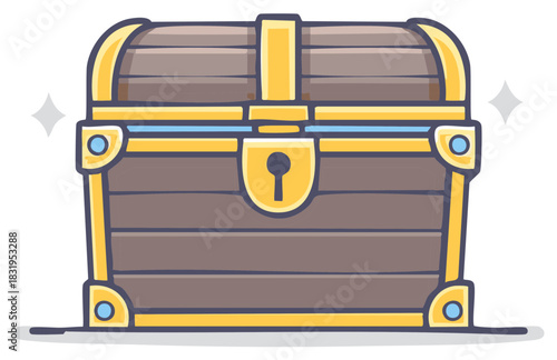 Closed wooden pirate treasure chest with golden lock and trim vector illustration