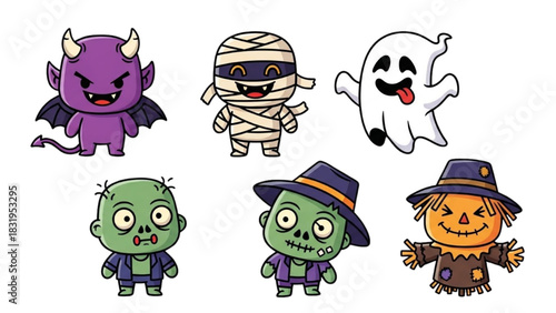 Cartoon Halloween Characters Devil, Mummy, Ghost, Zombie, and Scarecrow Icons