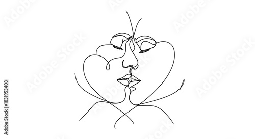 Continuous line art capturing a passionate kiss between two individuals in love