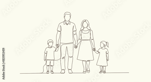 Minimalist Family Line Art Depicting Parents and Children Holding Hands Walking Together