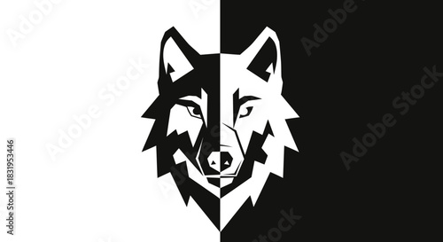 Monochromatic wolf head illustration with a striking black and white contrast design