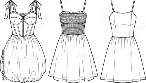 Technical fashion sketch of three summer dresses with straps, smocking, bubble hem, and flared silhouettes for garment design