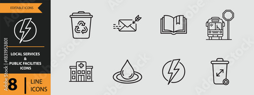 8 Local Services and Public Facilities Icons outline icon set. Outline public facility icons for local services and community use