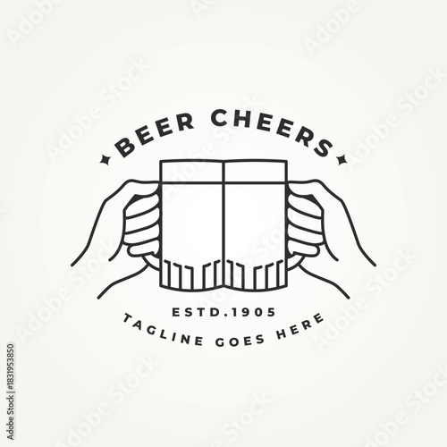 minimalist hand holding beer doing cheers line art icon logo vector illustration design