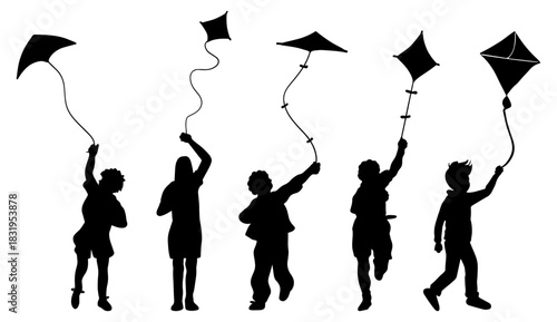 Kids Flying Kites Silhouette. Childhood Fun and Outdoor Activity Vector