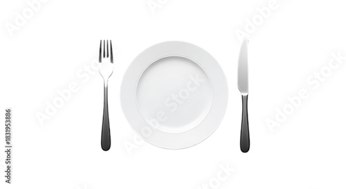 Simple white plate with fork and knife ready for a meal on a clean background