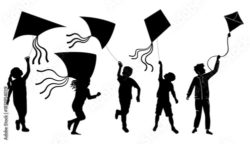 Kids Flying Kites Silhouette. Childhood Fun and Outdoor Activity Vector