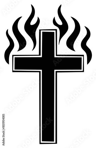 Black Christian Cross Silhouette Ignited by Flames and Fire