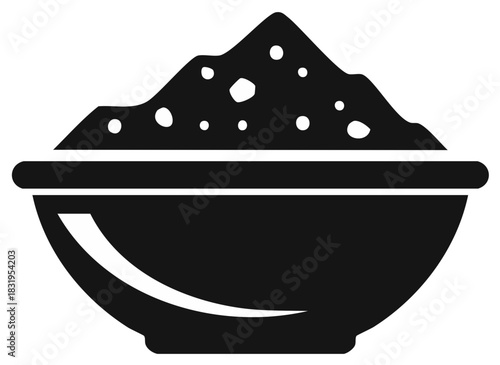 Black graphic icon of a bowl filled with a pile of granular or lumpy ingredient food or spice