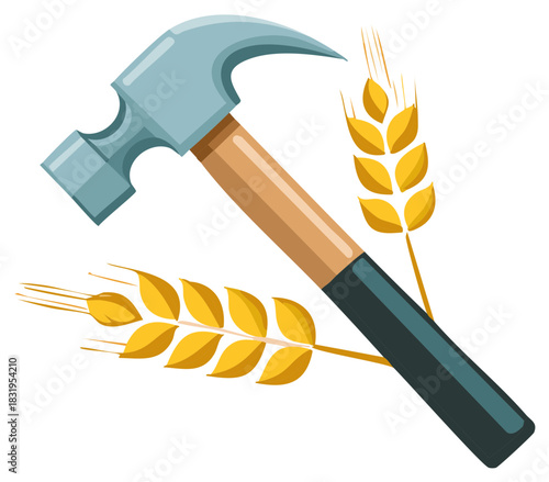 Hammer tool with wooden handle and golden wheat stems for construction or agriculture industries