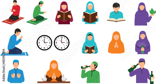 Traditional Muslim characters performing daily activities like prayer, reading, eating, and plant care with cultural attire and time elements.