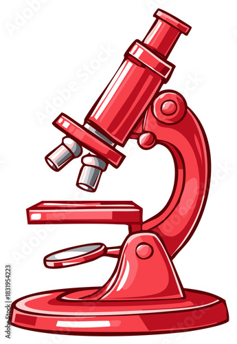 Red cartoon microscope illustration for scientific education and discovery