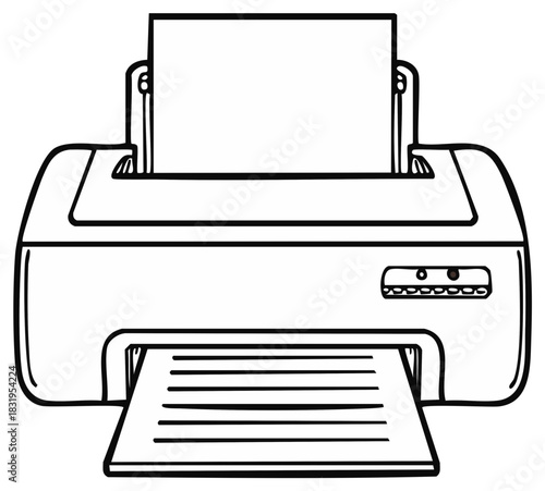 Inkjet Printer with Paper Input and Output in Black and White Line Art Style