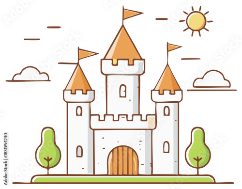 Whimsical Cartoon Castle with Orange Tipped Towers and Flags Under a Sunny Sky