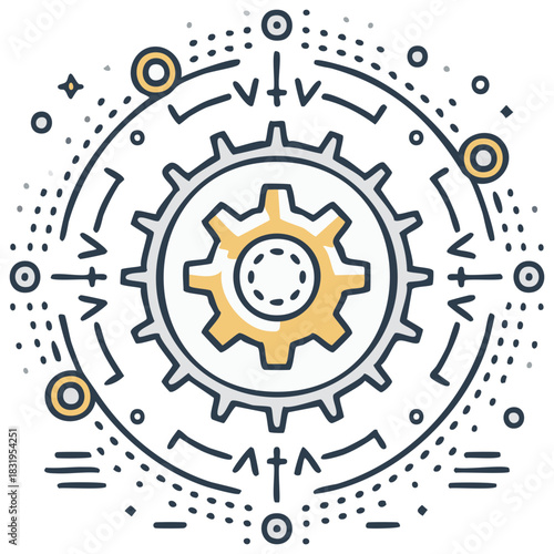 Abstract illustration of interlocking gears and connection symbols
