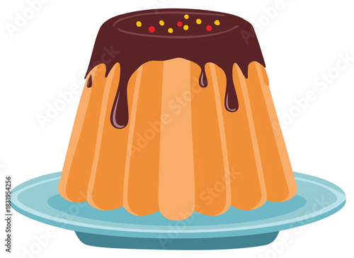 Pudding illustration with chocolate topping and colorful sprinkles on a plate dessert