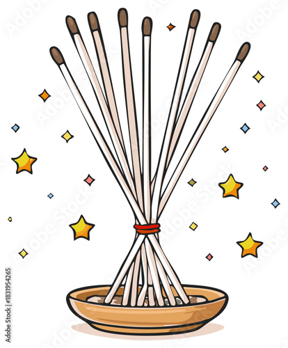 Colorful Cartoon Incense Sticks with Stars in a Golden Bowl for Meditation