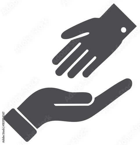 Charity donation icon featuring giving hand to a receiving hand in grayscale