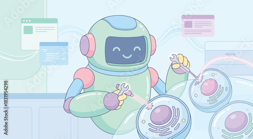 AI Robot Performing Cell Repair in Advanced Bio Lab – Vector Illustration