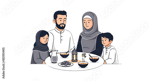 A Muslim family shares a meal together, celebrating togetherness and tradition.