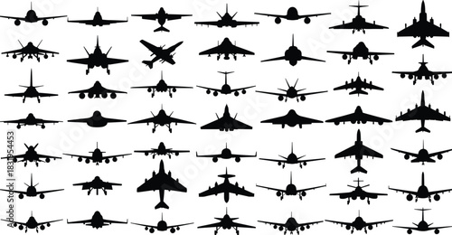 Large collection of black airplane silhouettes, aircraft icons set, aviation vector shapes, machine learning anchor box concept, isolated on white