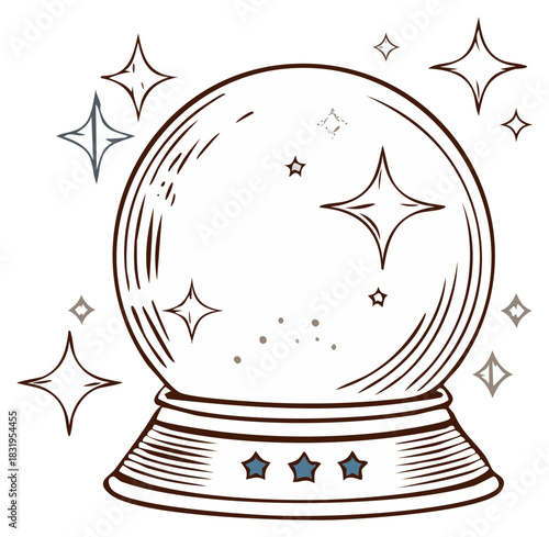 Mystical crystal ball surrounded by shining stars on a decorative base, predicting future.