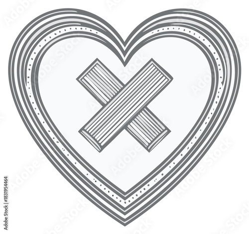 Heart with bandage graphic in a retro style. Love concept or recovery symbol.