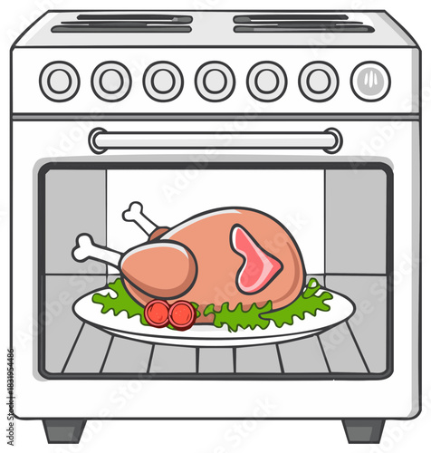 Cartoon illustration of a roasted holiday turkey cooking in a kitchen oven