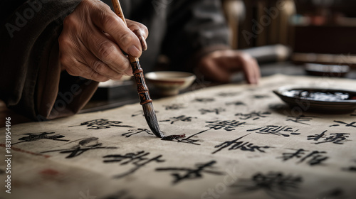 Calligrapher painting Chinese characters with ink brush on rice paper, close-up of flowing strokes, Confucian wisdom