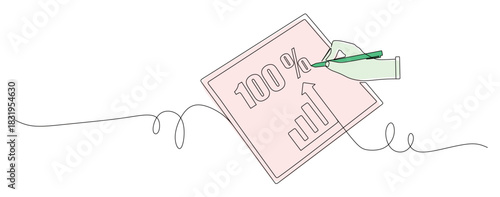 Line art of a hand writing data and analyzing the sales market up to 100% on paper well. Vector illustration with beautiful colors.
