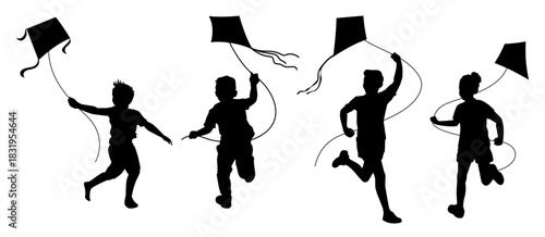 Kids Flying Kites Silhouette. Childhood Fun and Outdoor Activity Vector