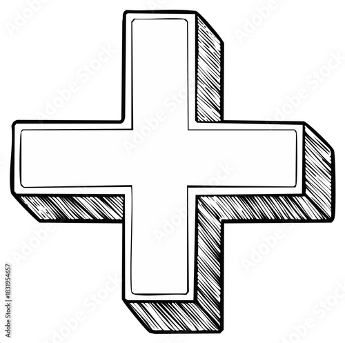 Black and white hand drawn plus sign three dimensional sketch style illustration